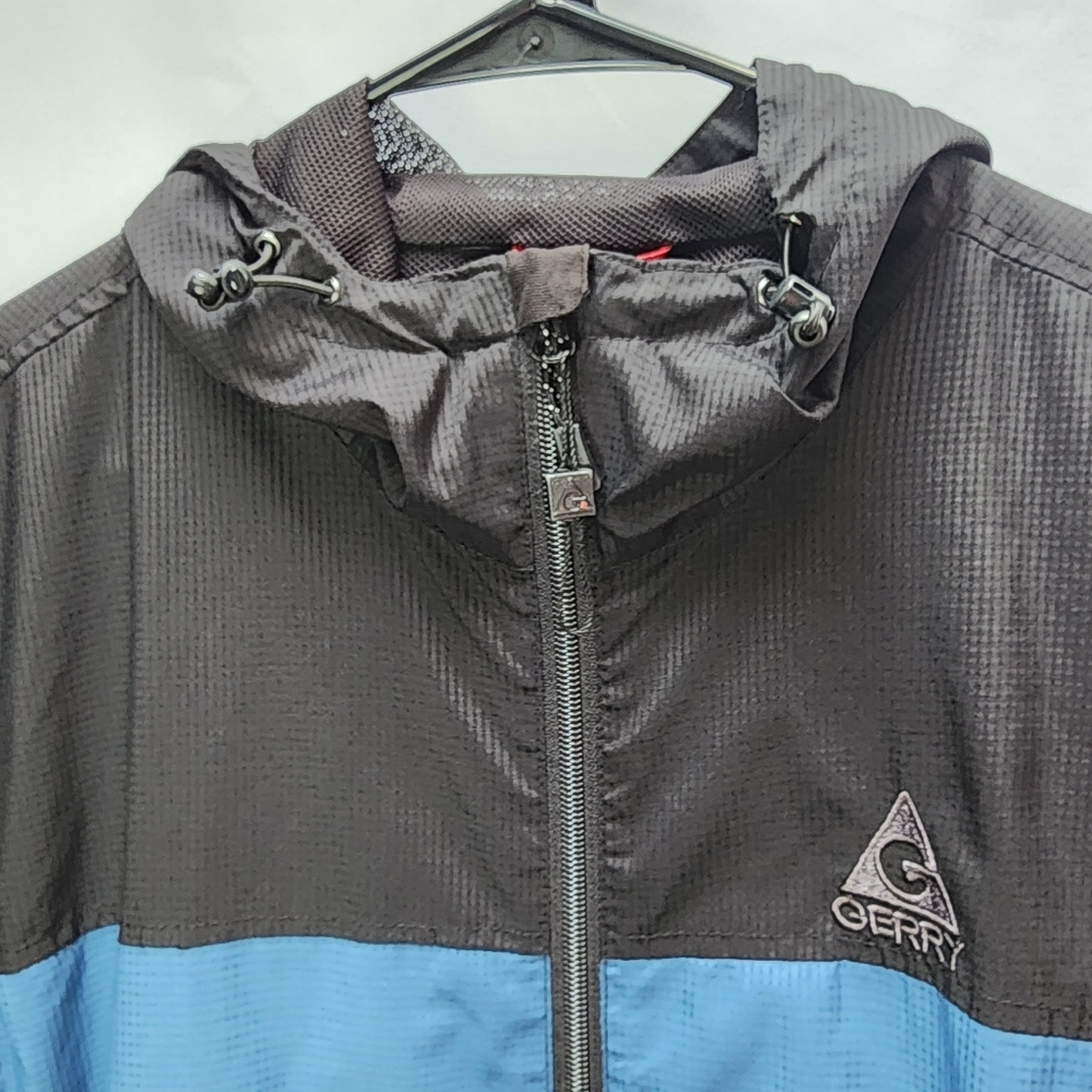 Mens Large Gerry Windbreaker Zipper Front Zip Pockets Hooded Black & Blue Jacket